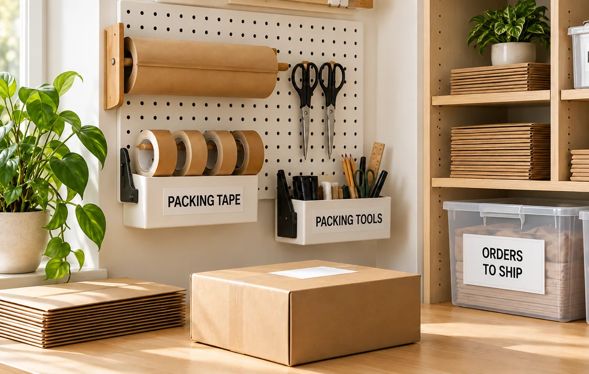 Illustrated studio packing station with grouped labels, tape, tools and orders ready to ship