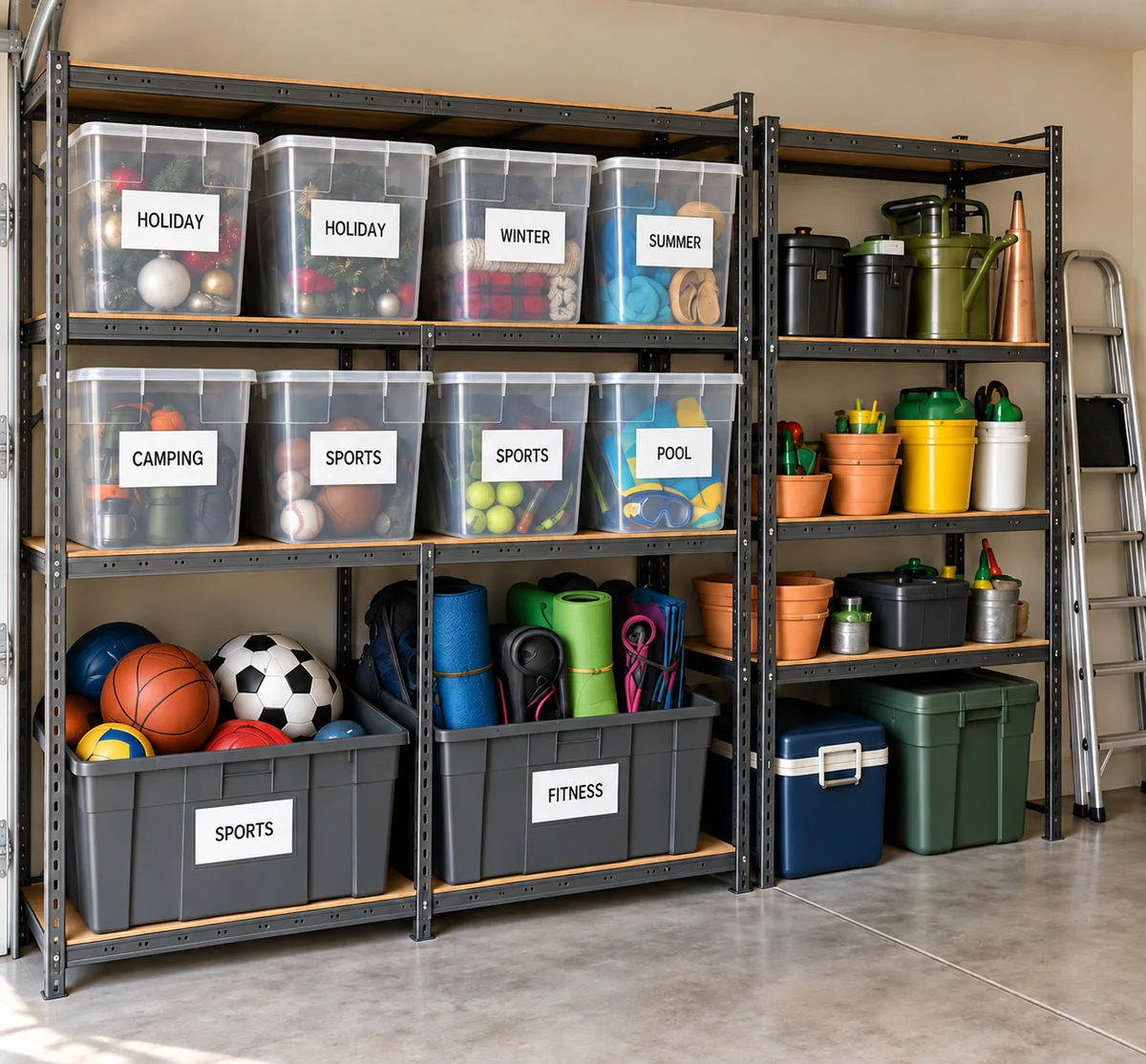 Illustrated garage shelving with seasonal totes, separated sports gear and garden supplies