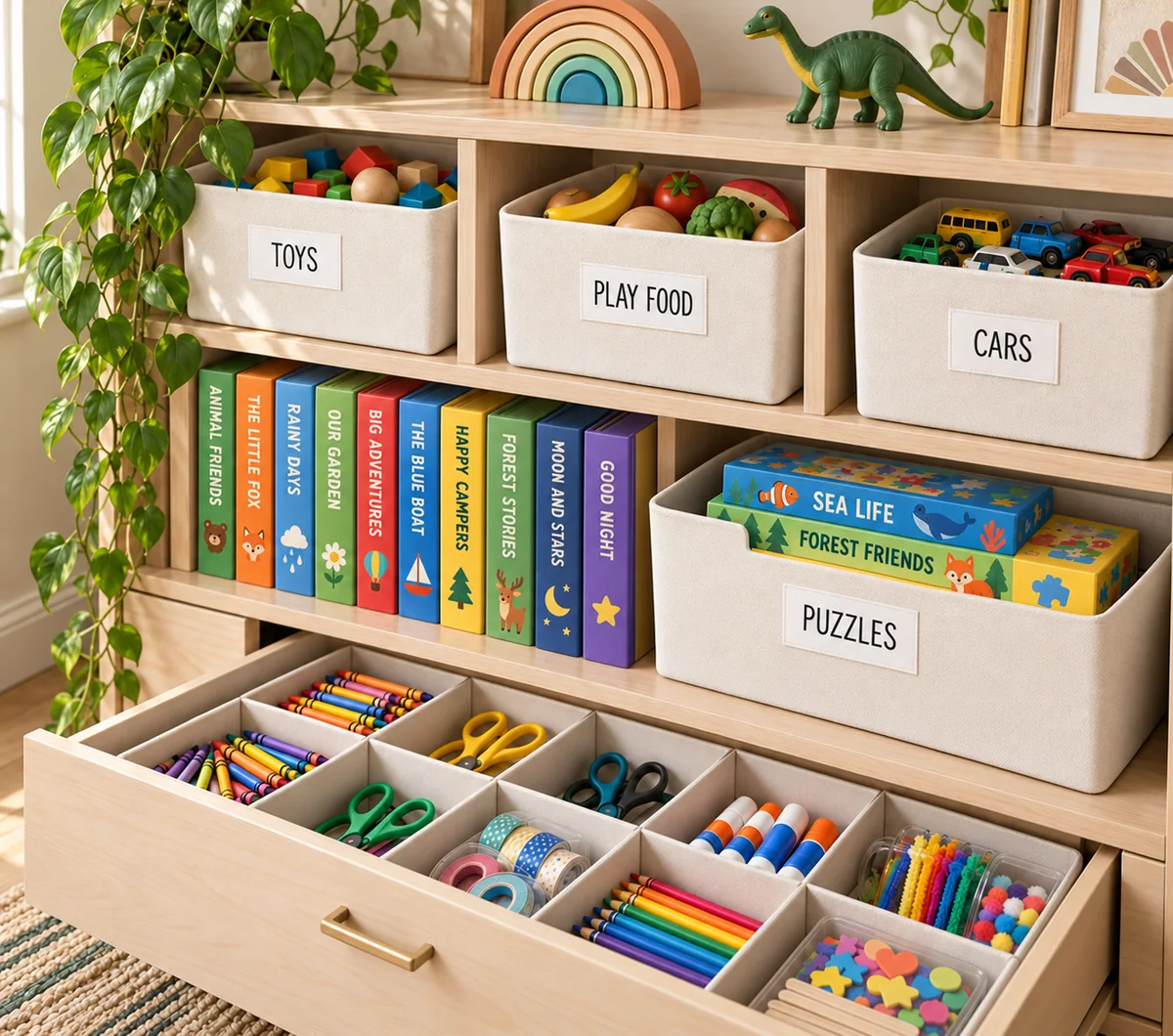 Illustrated playroom with labeled toy categories, upright books and a divided craft drawer