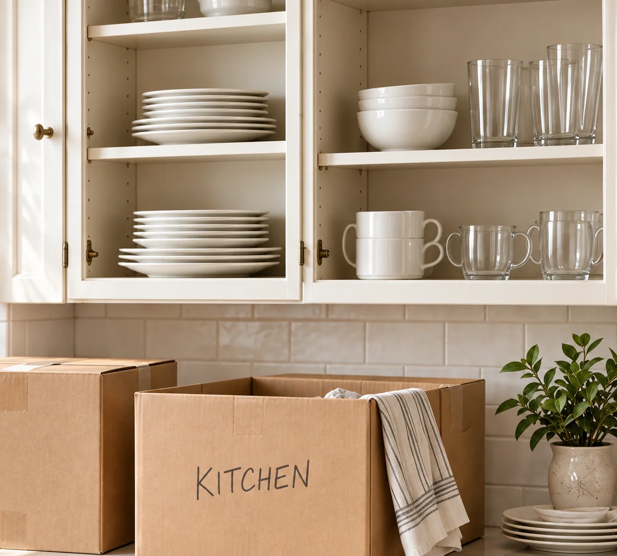 Illustrated move-in kitchen with grouped dishes and glasses in a cabinet and an unpacking carton below
