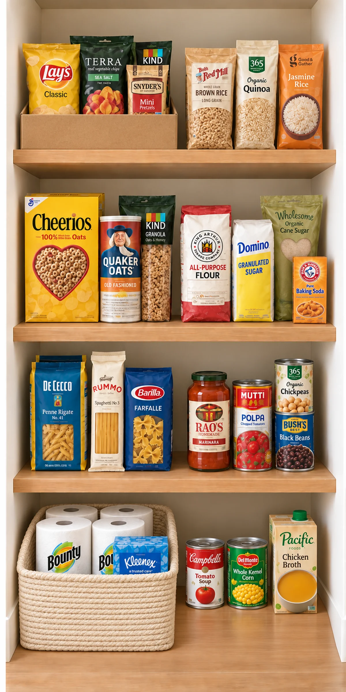 Pantry food grouped directly on open shelves, with one reused carton and one unlabeled basket.