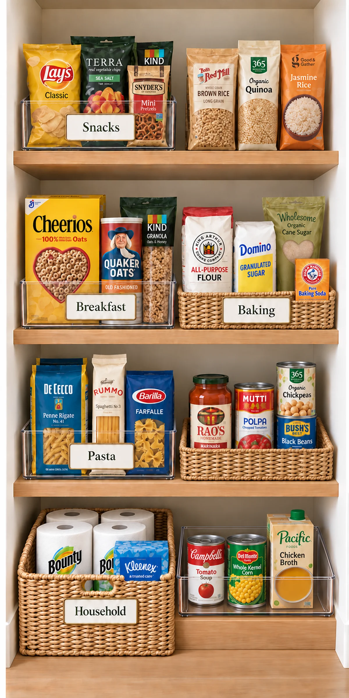 The same pantry with selected divided bins and labels.