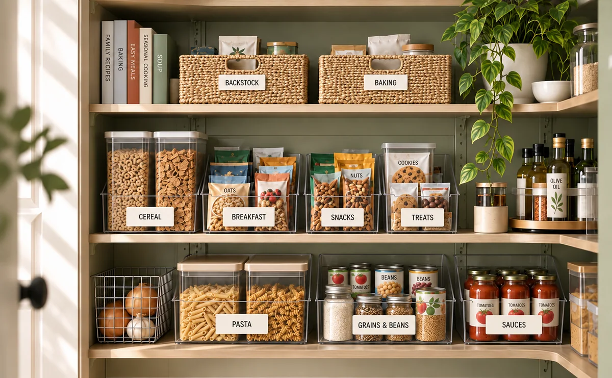A sage pantry with labeled food categories in divided clear bins, baskets, and shelf risers.
